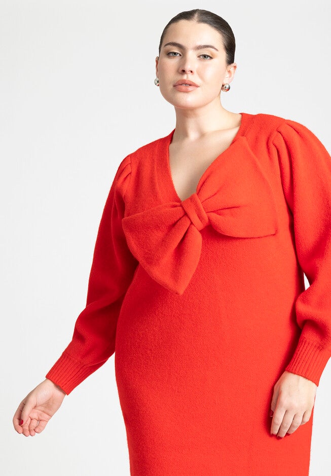 Bow Sweater Mini Dress, CARMINE RED, alternate image number null