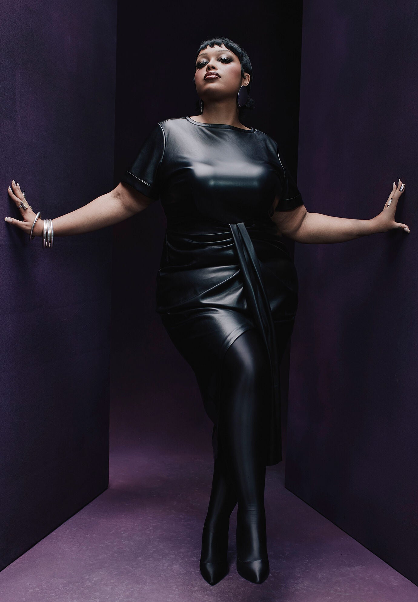 Faux Leather Tie Detail Dress, BLACK ONYX, alternate image number 3