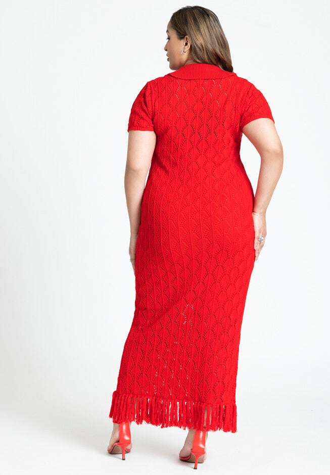 Crochet Maxi Dress With Collar & Fringe, HOT RED, on-hover image number null