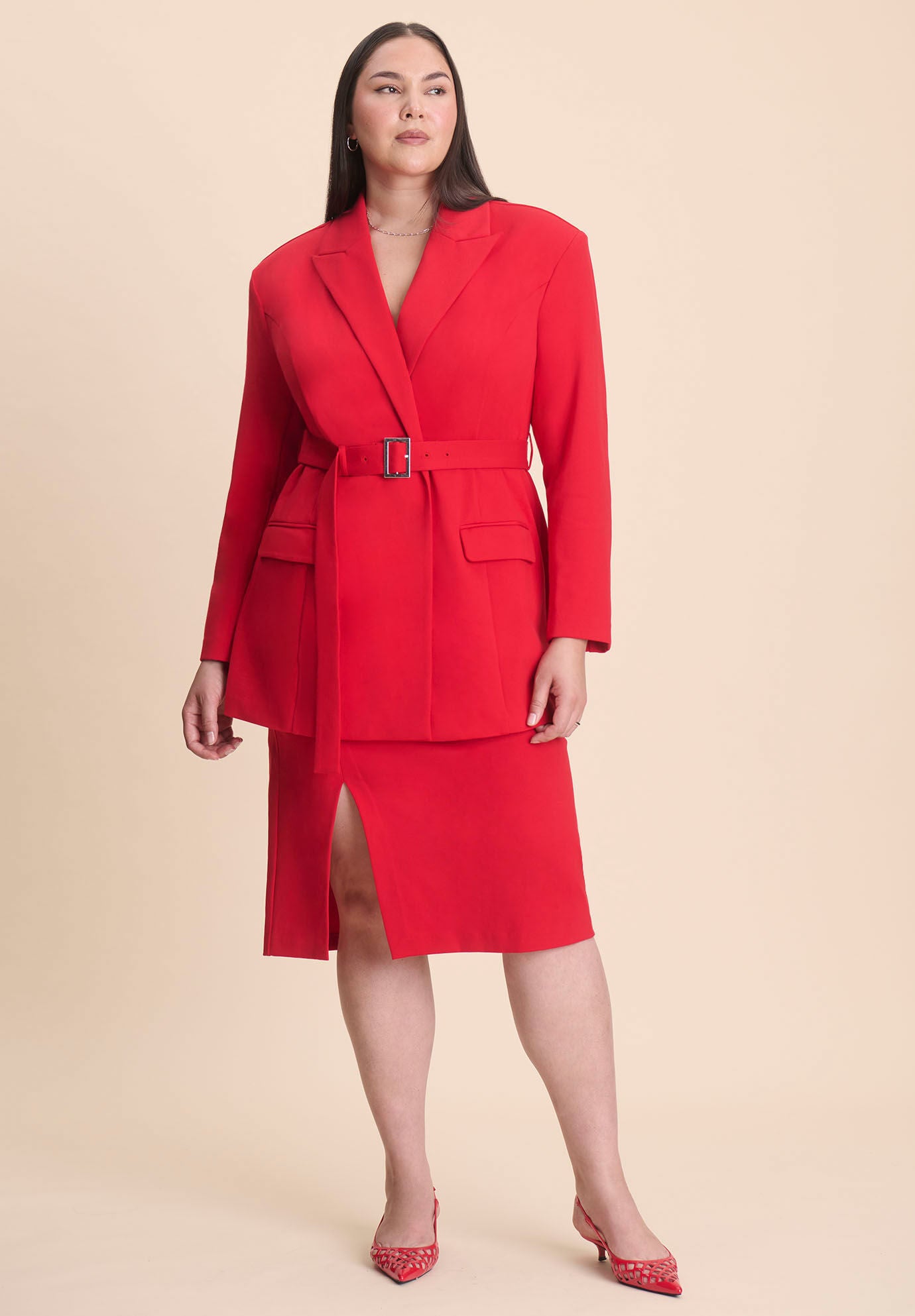 Belted Ponte Blazer, BARBADOS CHERRY, alternate image number 2