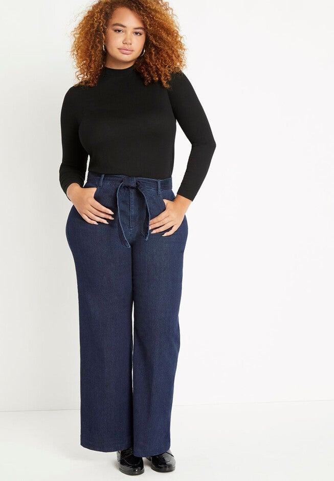 Classic Fit Belted High Rise Wide Leg Jean, , alternate image number null