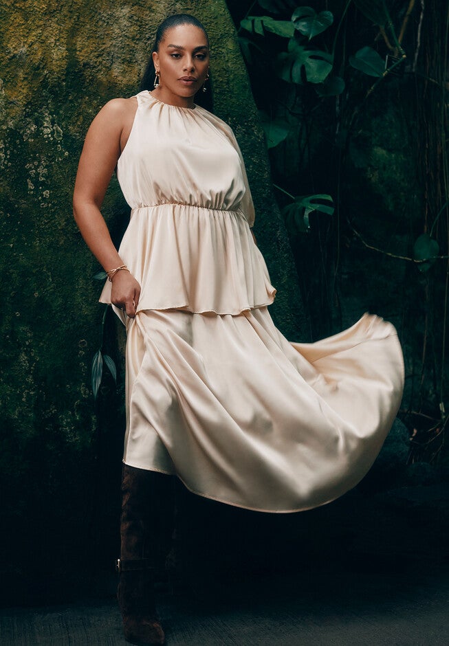 One Sleeve Satin Maxi Dress, PEACH PETAL, hi-res image number null