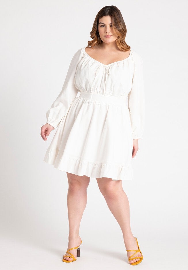 Puff Sleeve Linen Mini Dress, PEARL, hi-res image number null