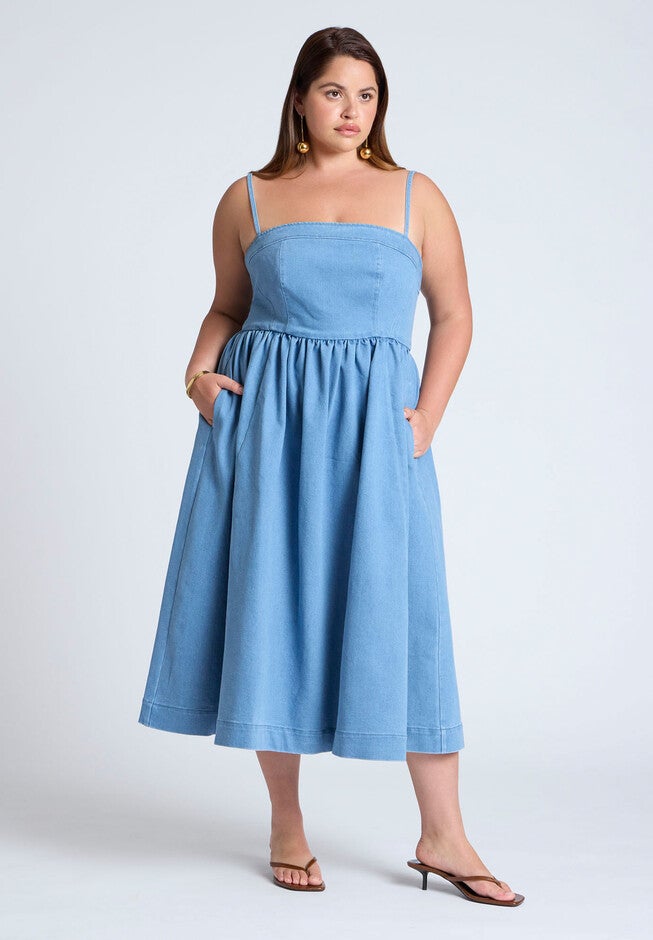 Denim Corset Bodice Midi Dress, MEDIUM WASH, hi-res image number null