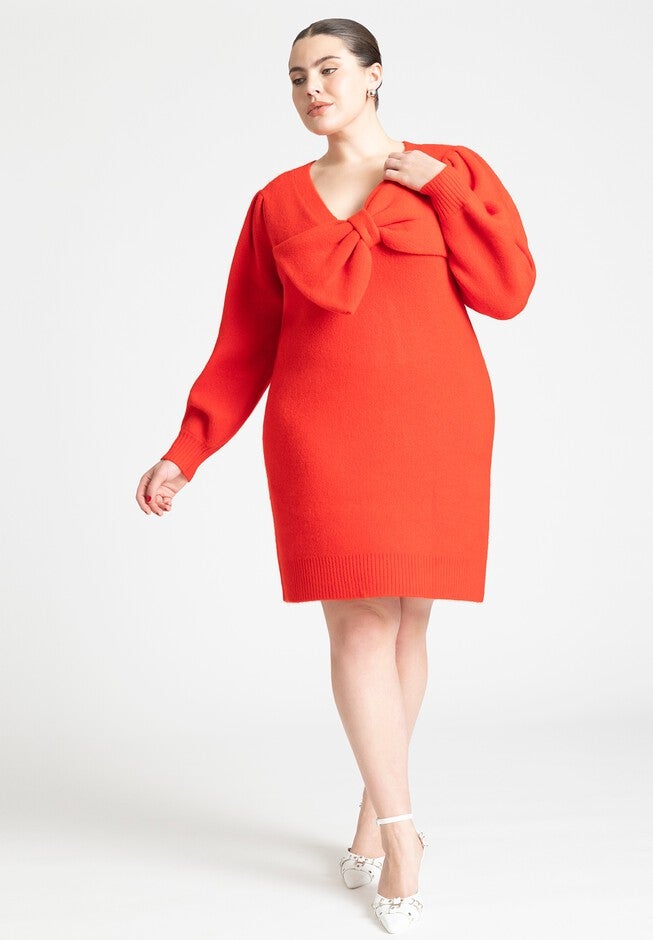 Bow Sweater Mini Dress, CARMINE RED, hi-res image number null