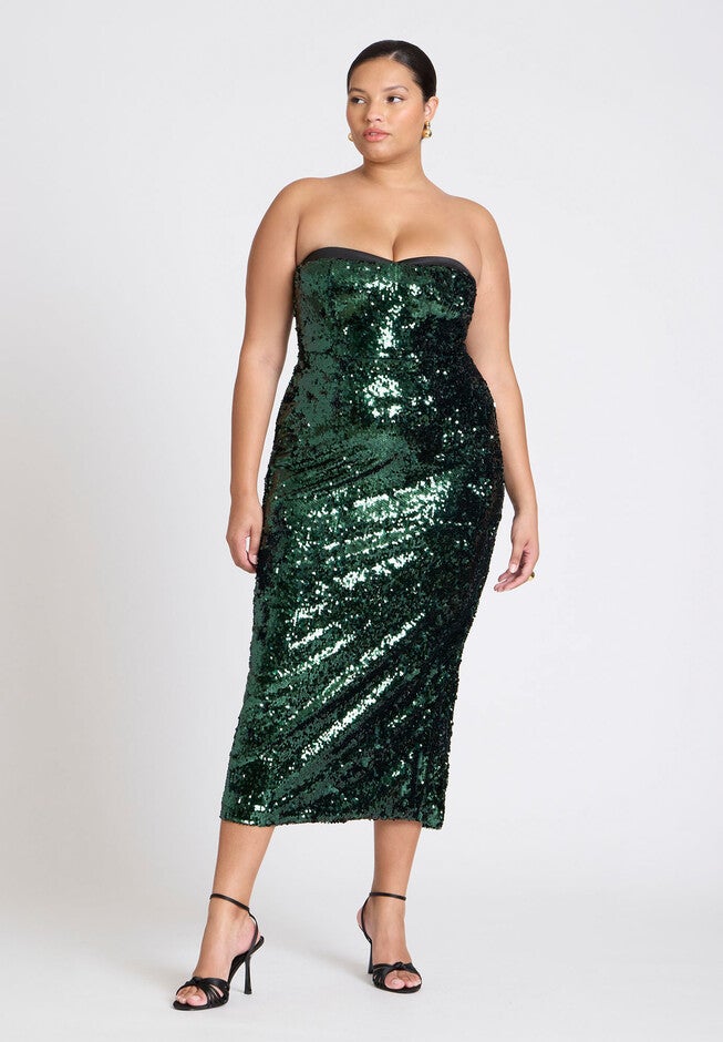 ELOQUII x kate spade new york Sequin Column Dress With Bustier, TREE TOP, on-hover image number null