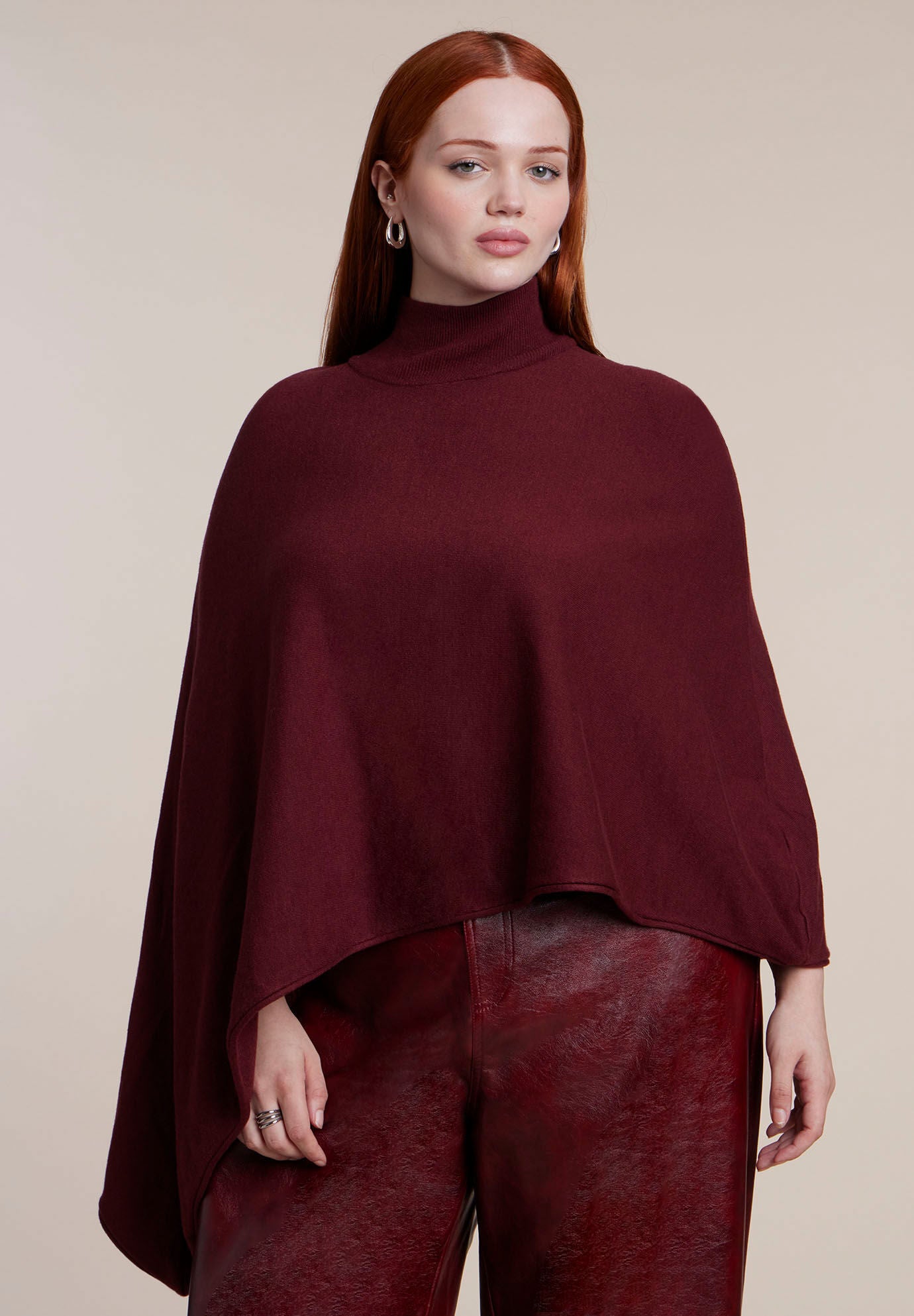 Asymmetric Turtleneck Cape, DARK CABERNET, on-hover image number 1