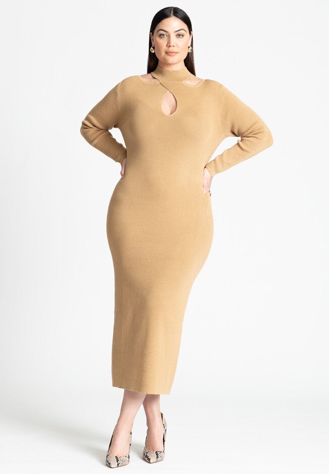 Keyhole Midi Sweater Dress, COFFEE CARAMEL, hi-res image number null
