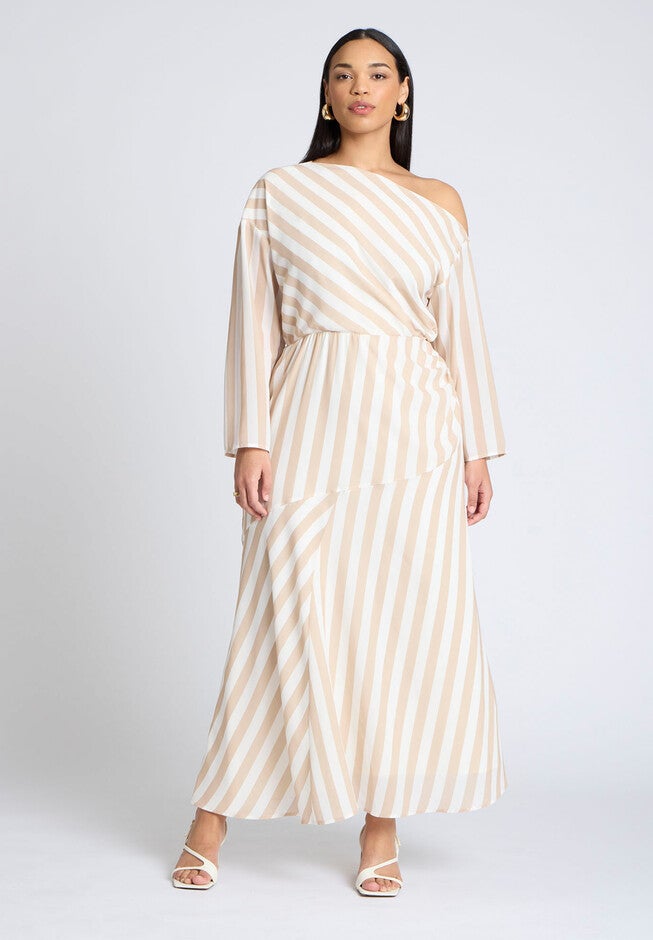 One Shoulder Stripe Asym Dress, BEIGE CREAM STRIPE, hi-res image number null