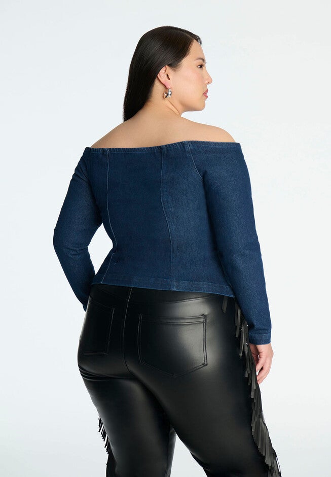 Comfort Stretch Denim Square Neck Top, MEDIUM INDIGO, on-hover image number null