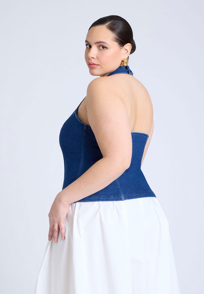 Comfort Stretch Denim Halter Top , MEDIUM WASH, on-hover image number null