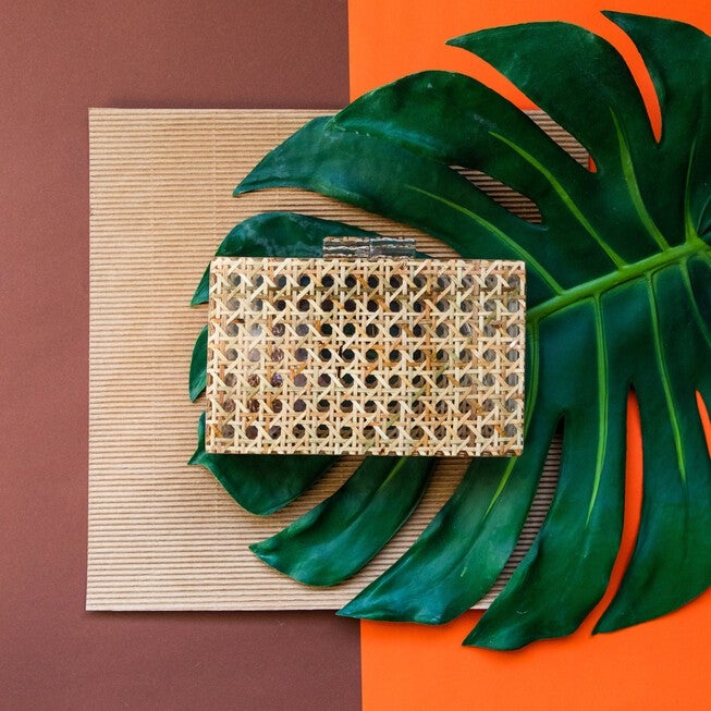 Cane Rattan Acrylic Clutch, BROWN, alternate image number 4