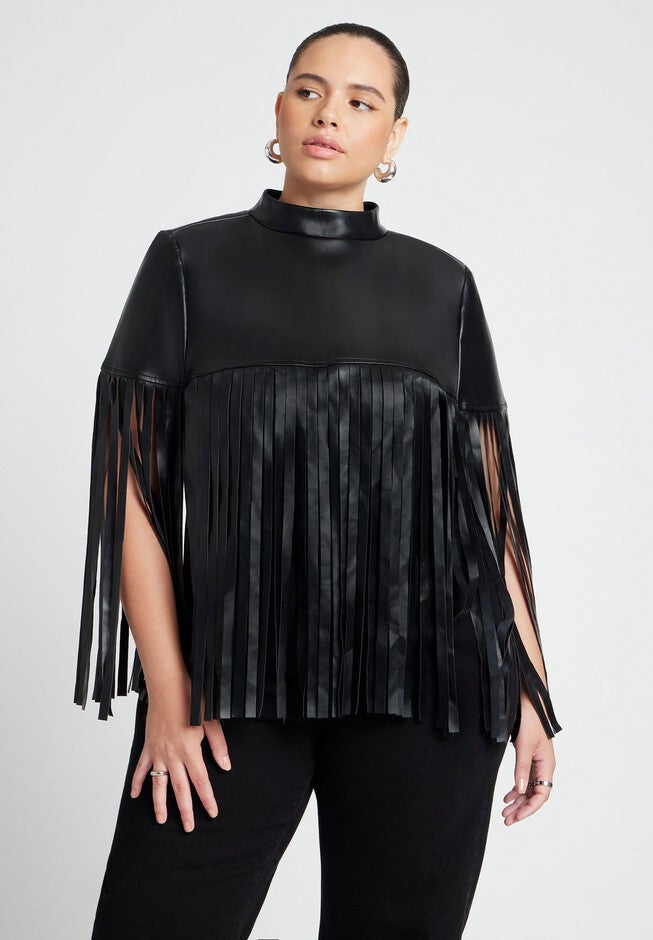 Faux Leather Fringe Cape, BLACK ONYX, hi-res image number null