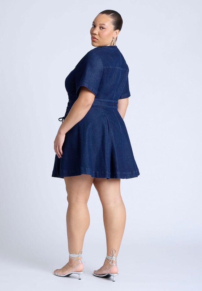 Lace Up Denim Mini Dress, DARK WASH, on-hover image number null