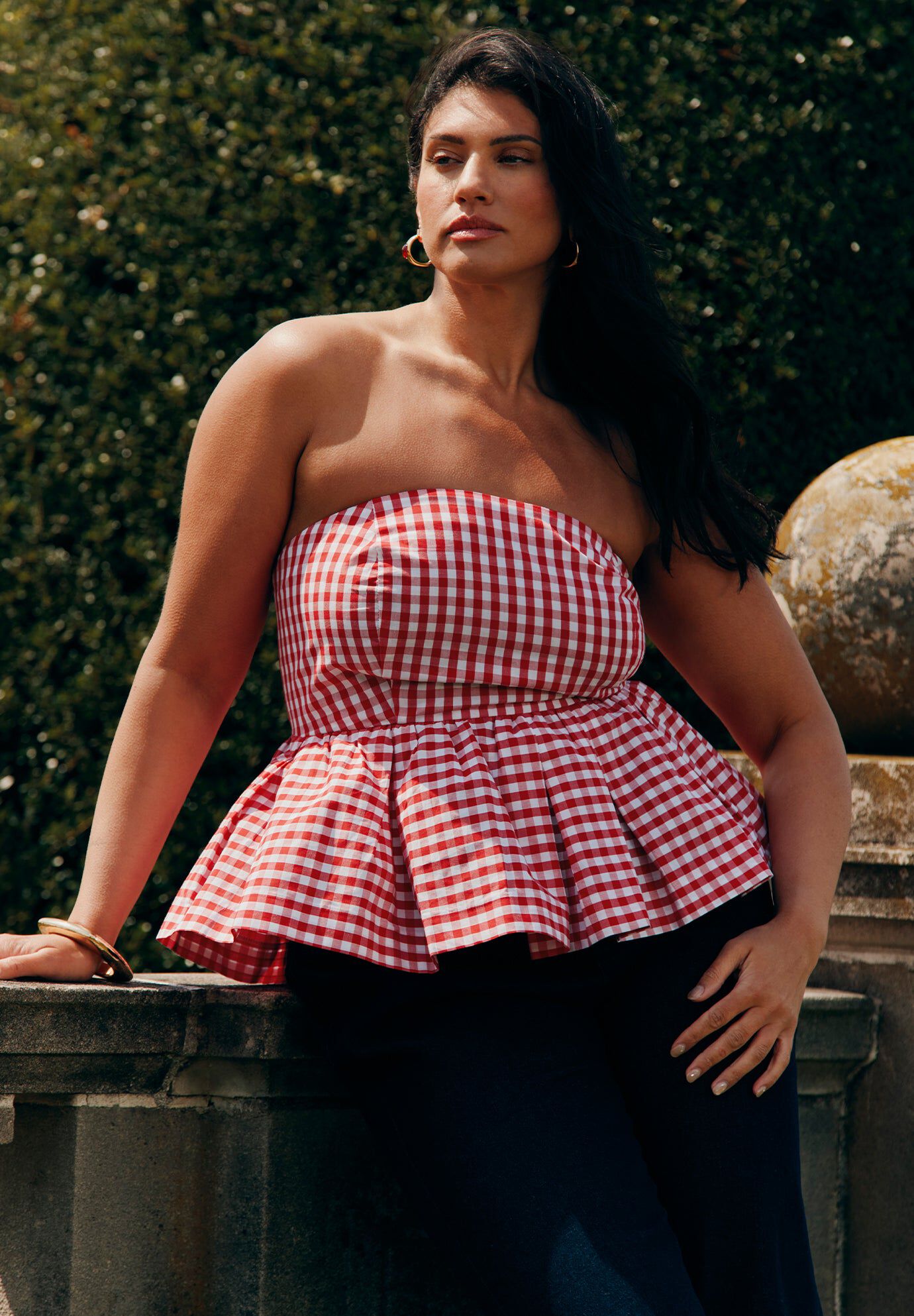 Gingham Ruched Peplum Top - Mustard