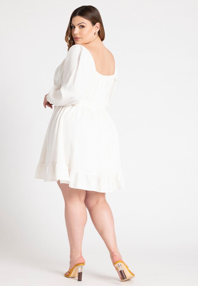 Puff Sleeve Linen Mini Dress, PEARL, on-hover image number null