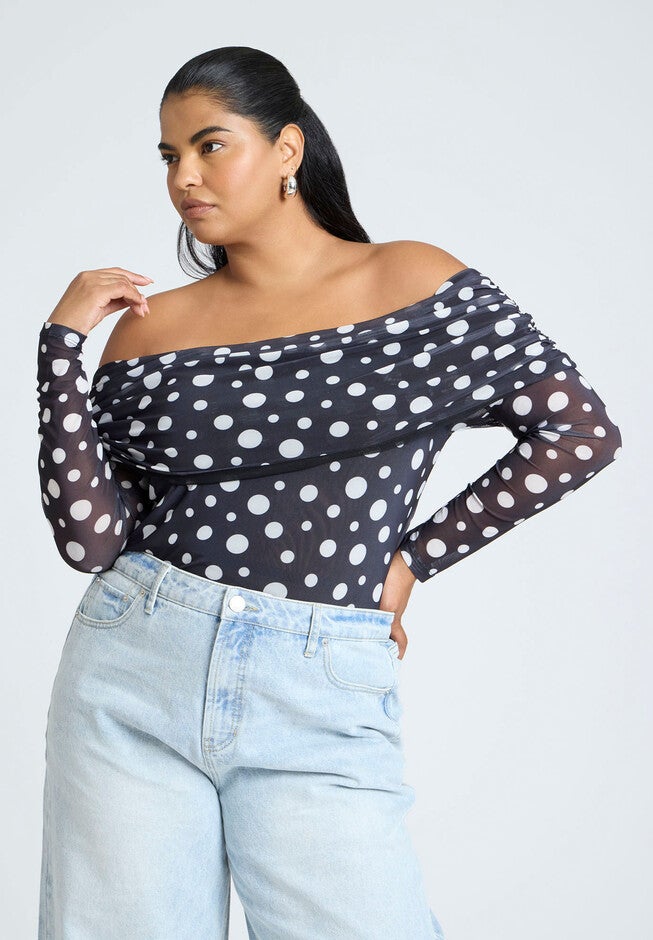 Off The Shoulder Polka Dot Top, BLACK AND WHITE, hi-res image number null