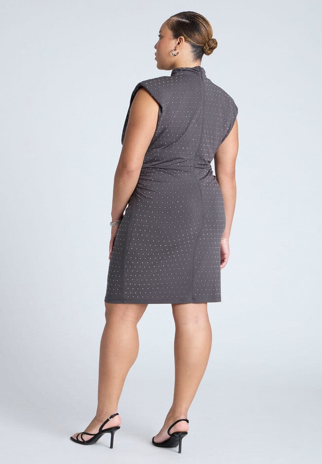 Draped Neck Rhinestone Mini Dress, SILVER, alternate image number null