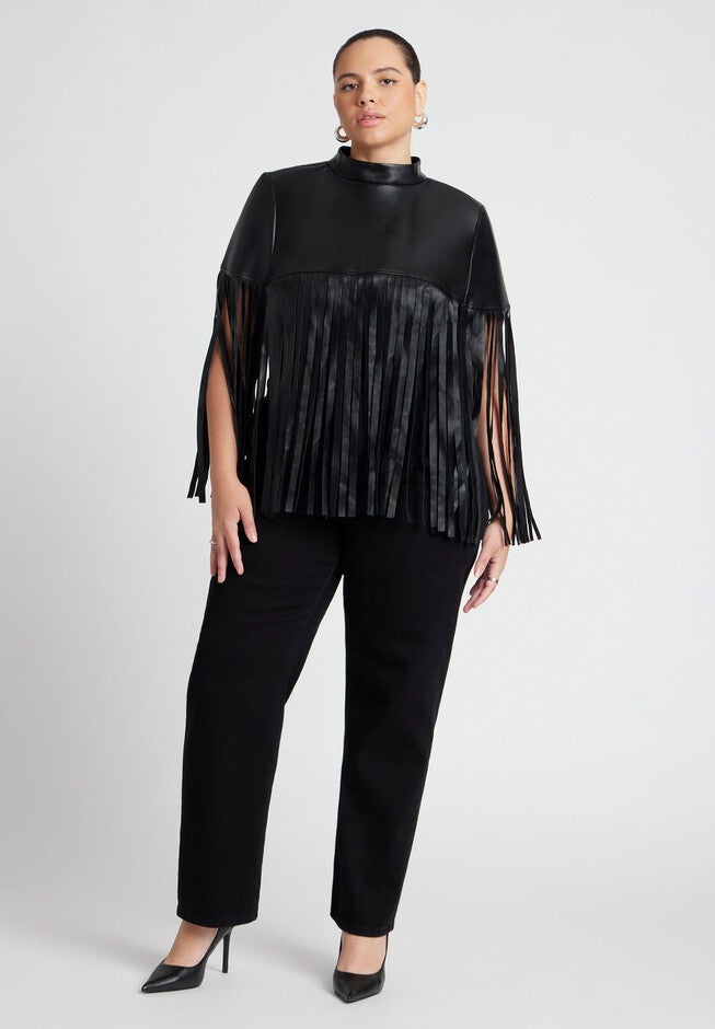 Faux Leather Fringe Cape, BLACK ONYX, alternate image number null