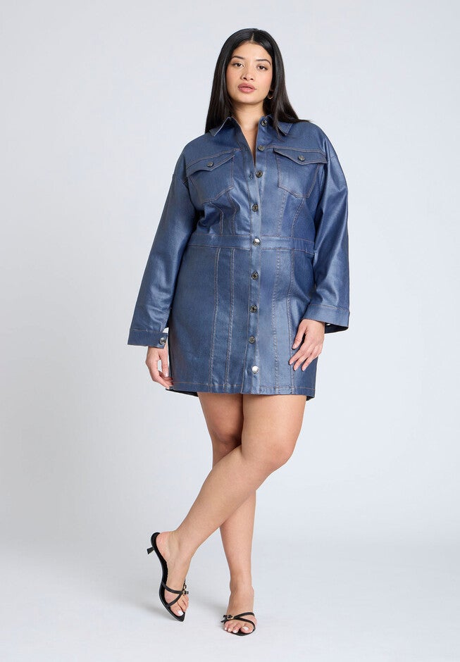 Coated Denim Mini Dress, LIGHT WASH, hi-res image number null