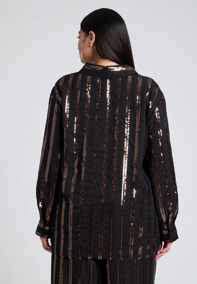 Sequin Stripe Oversized Button Up Shirt, BLACK AND BRONZE, alternate image number null