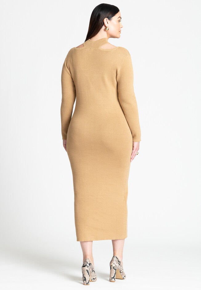 Keyhole Midi Sweater Dress, COFFEE CARAMEL, on-hover image number null