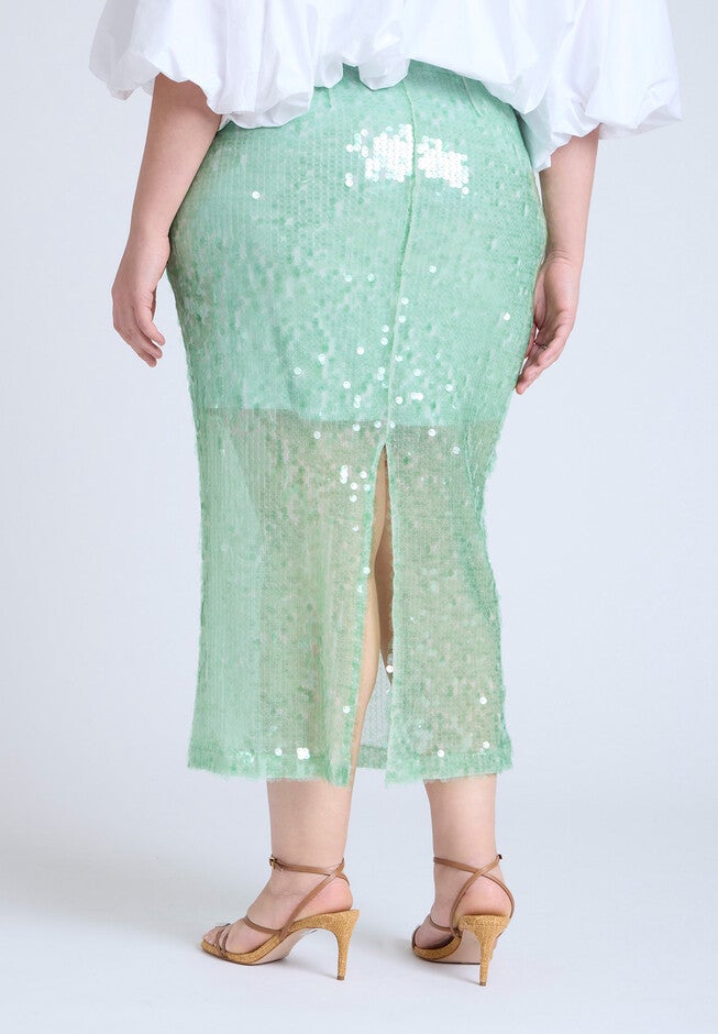 Semi Sheer Sequin Midi Skirt , SUBTLE GREEN, alternate image number null