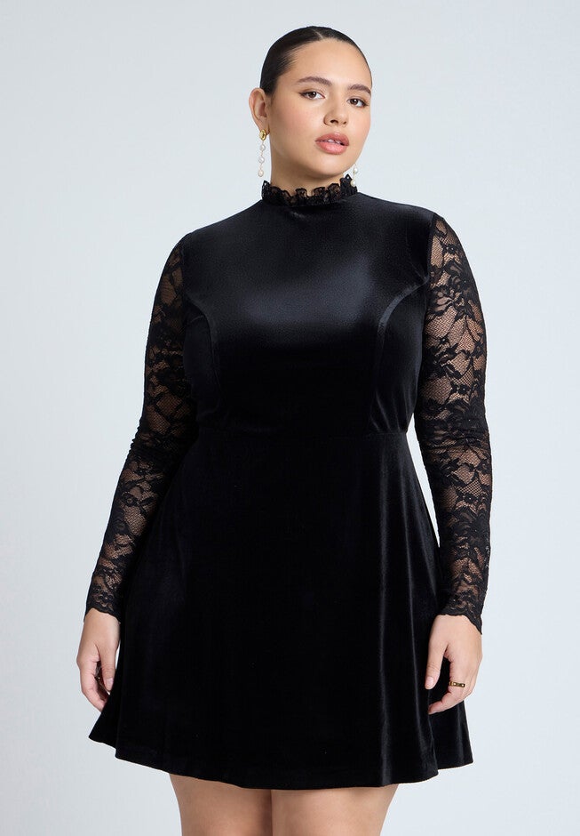 Velvet Mini Dress With Lace, BLACK ONYX, alternate image number null