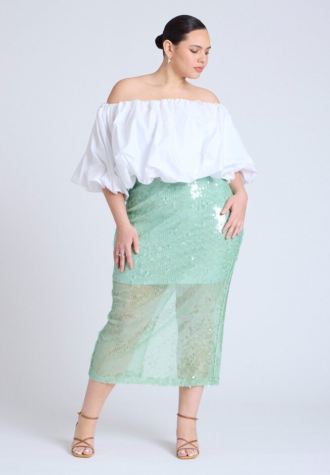 Semi Sheer Sequin Midi Skirt , SUBTLE GREEN, alternate image number null