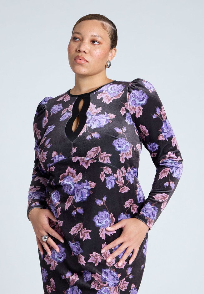 Printed Velvet Midi Dress, FLORAL PRINT, alternate image number null