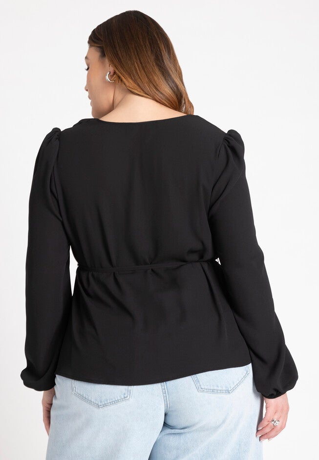 Ruffle Detail V Neck Blouse, BLACK ONYX, on-hover image number null