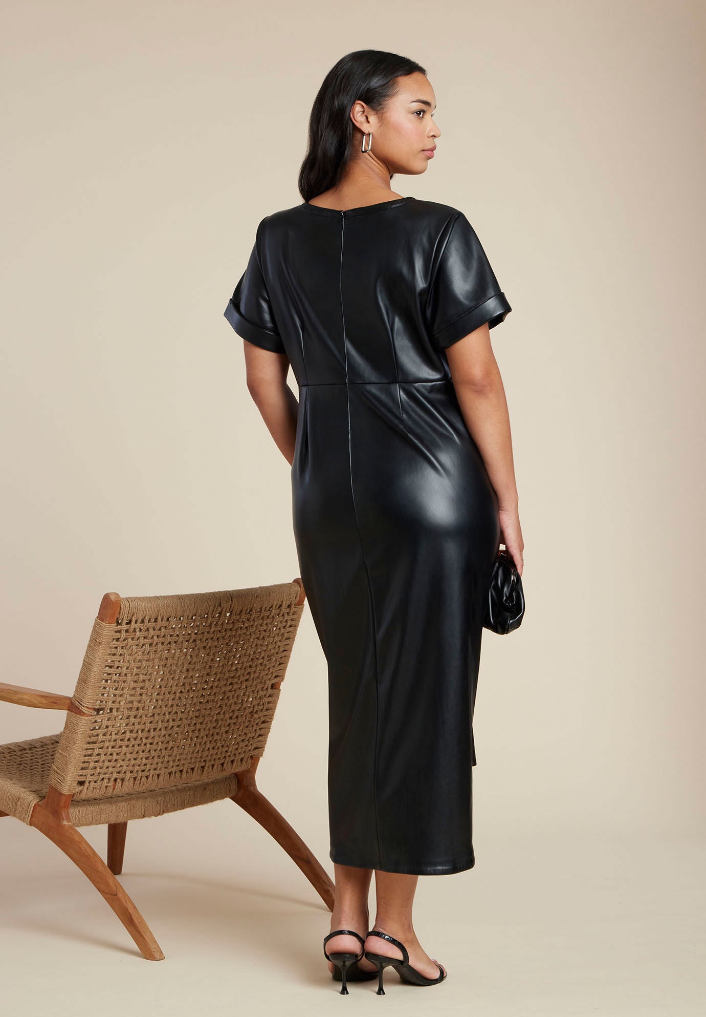 Faux Leather Tie Detail Dress, BLACK ONYX, alternate image number 2