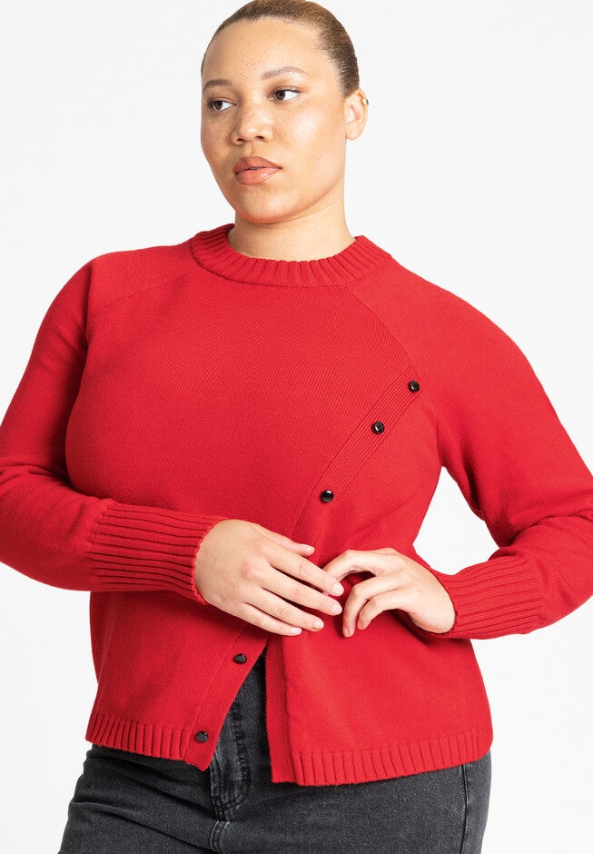 Asym Placket Sweater, RED, hi-res image number null