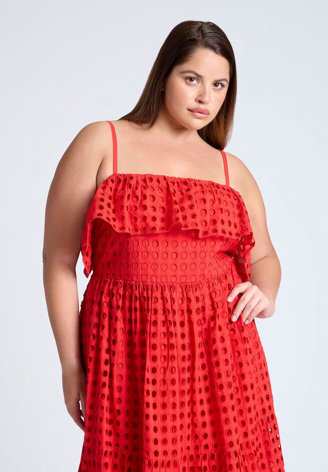 Ruffle Bodice Eyelet Maxi Dress, RED, alternate image number null