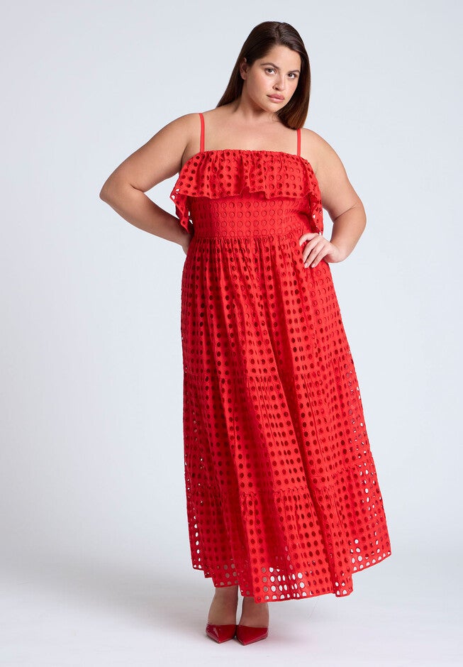 Ruffle Bodice Eyelet Maxi Dress, RED, hi-res image number null