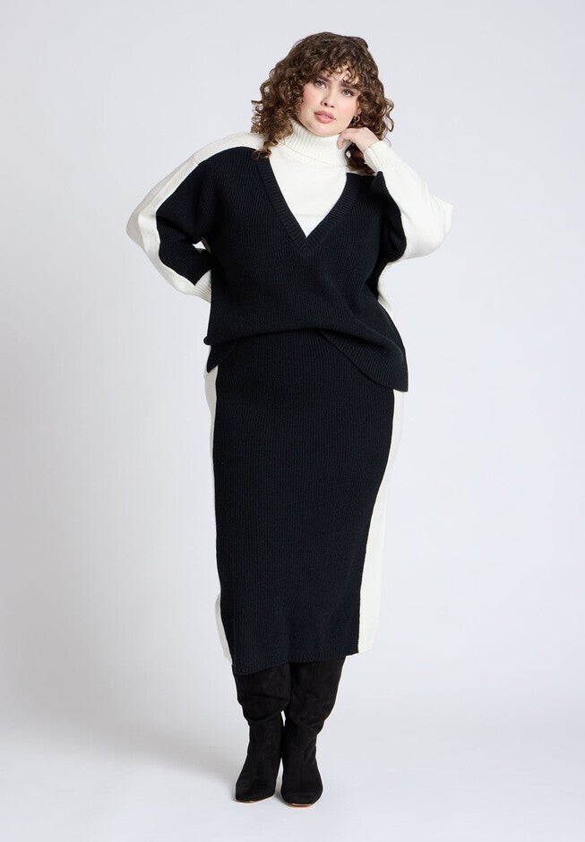 Colorblocked Sweater Midi Skirt, BLACK AND WHITE COLORBLOCK, hi-res image number null
