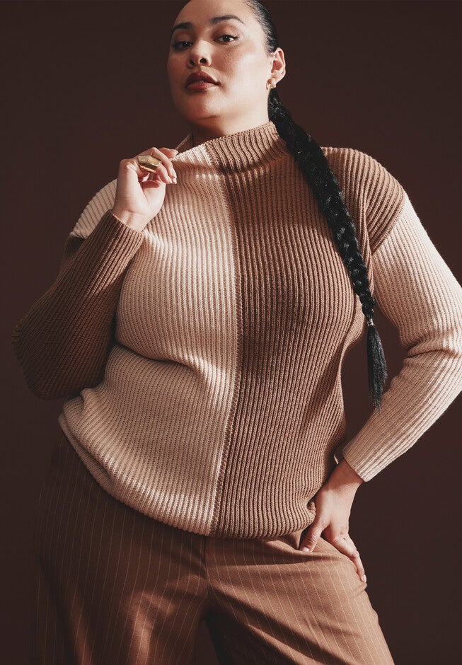 Mock Neck Colorblock Sweater, SMOKE GRAY COCA MOCH, alternate image number null