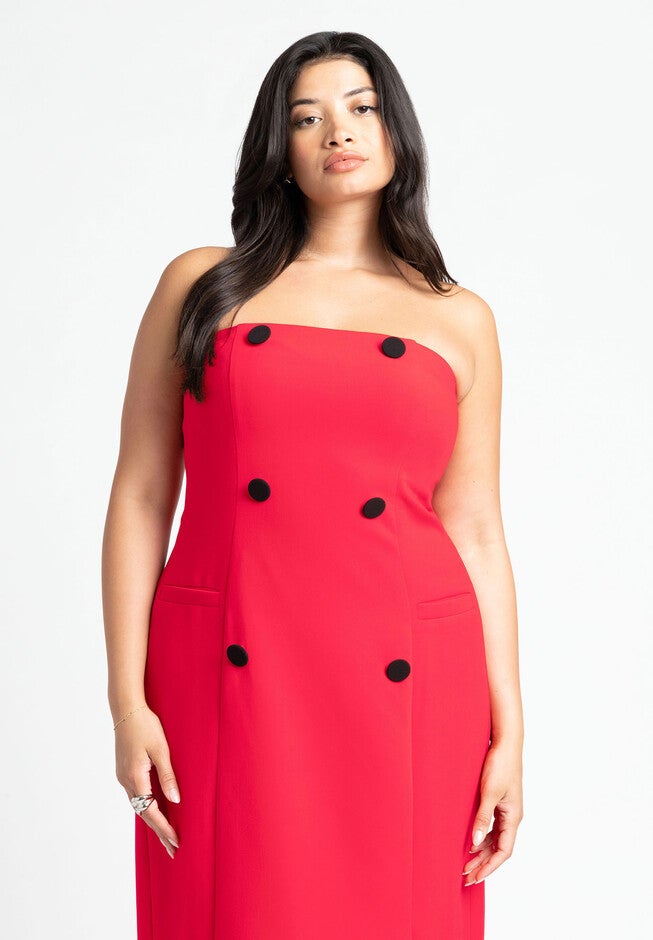 Strapless Double Breasted Midi Dress, HIGH RISK RED, alternate image number null