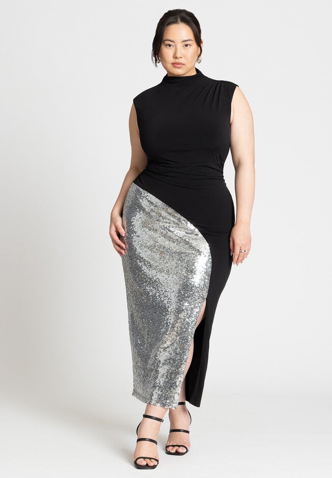 Funnel Neck Knit Dress With Sequin, BLACK ONYX, on-hover image number null