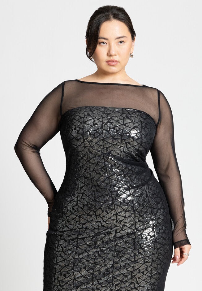 Sequin Dress With Sheer Layer, SILVER STAINED GLASS, alternate image number null