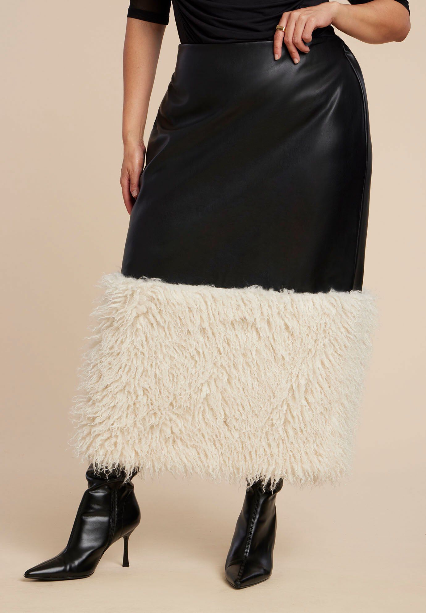 Faux Leather Skirt With Faux Fur Trim, BLACK AND CREAM, hi-res image number 0