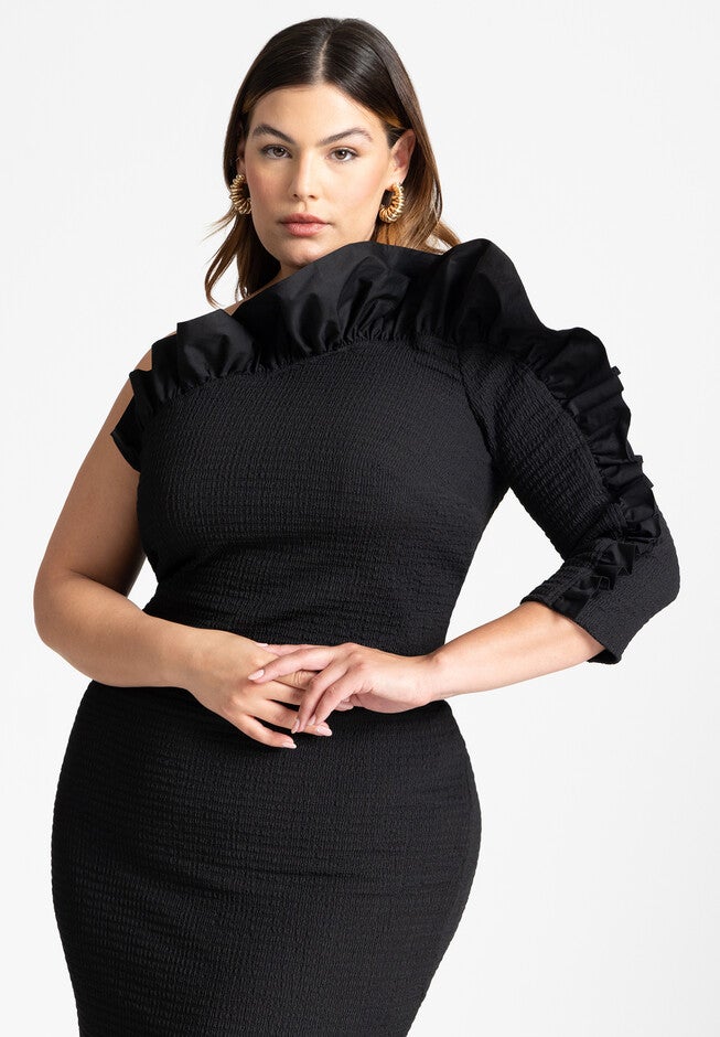 Popcorn Ruffle Column Dress, BLACK ONYX, alternate image number null