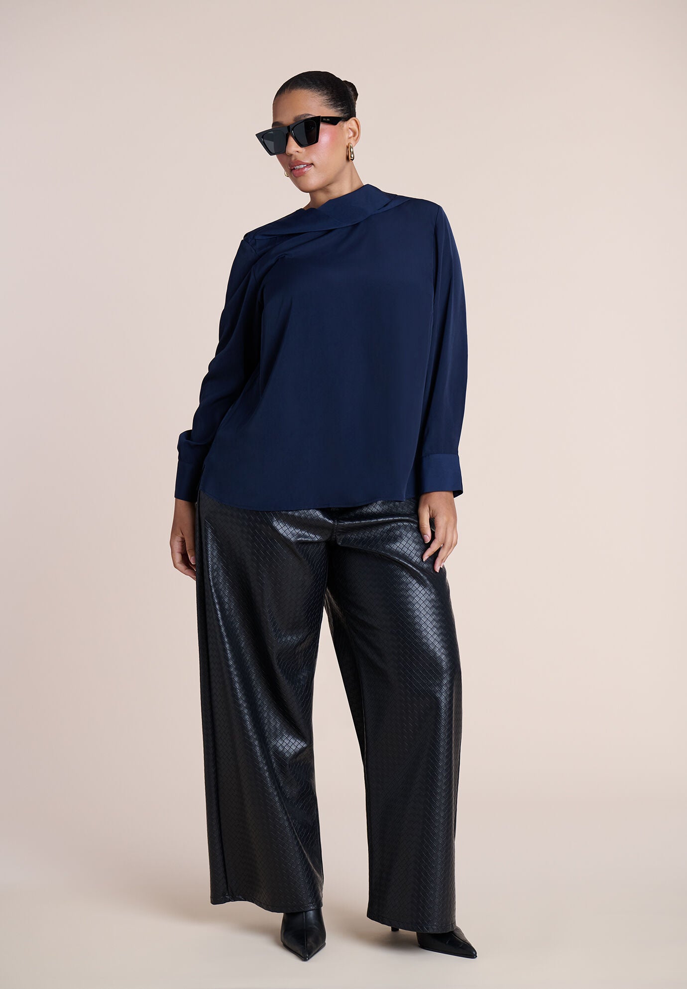 Scarf Collar Blouse, NAVY, on-hover image number 1