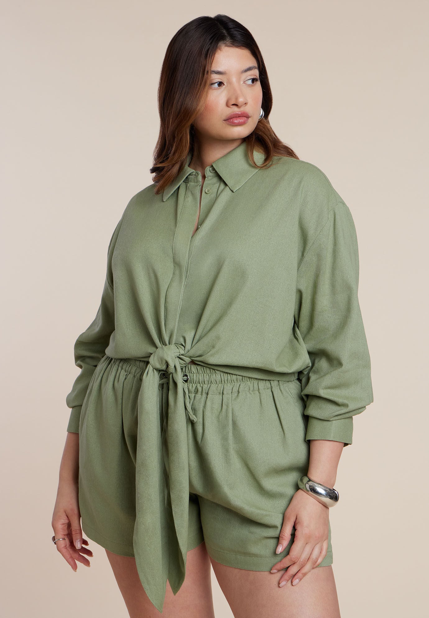Waist Tie Linen Button Up Shirt