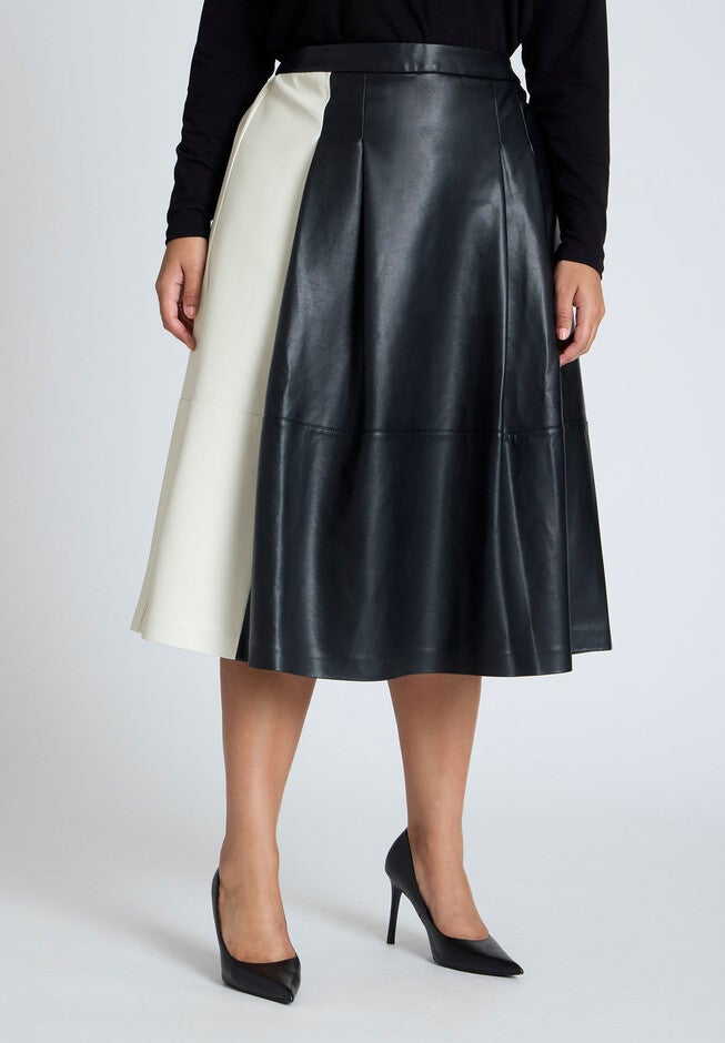 Colorblocked Faux Leather Full Midi Skirt, BLACK ONYX AND SUGAR SWIZZLE, on-hover image number null
