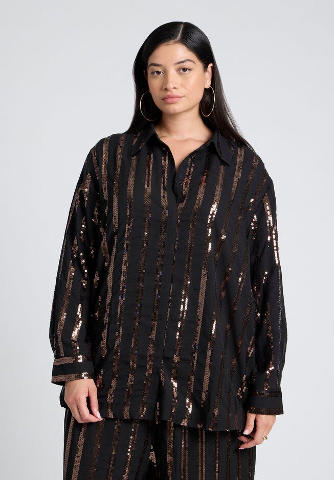 Sequin Stripe Oversized Button Up Shirt, BLACK AND BRONZE, on-hover image number null
