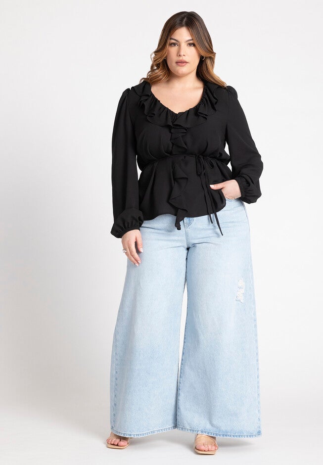 Ruffle Detail V Neck Blouse, BLACK ONYX, alternate image number null