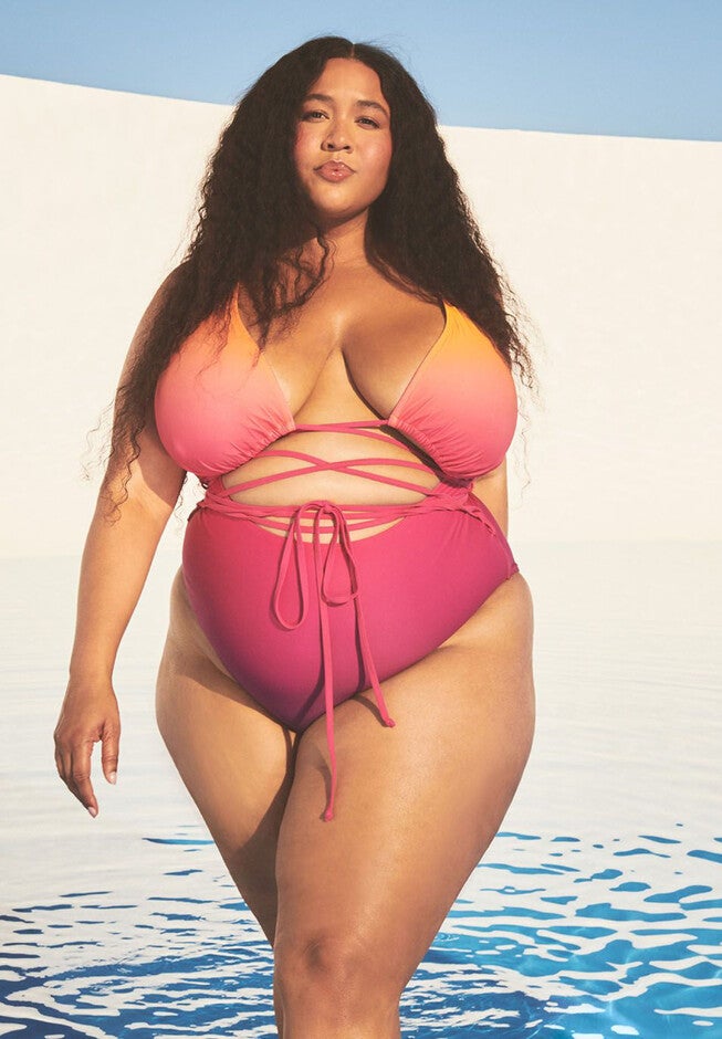 Gabi Fresh Swim x ELOQUII V-Neck Wrap Swimsuit with High Cut Leg, OMBRE SUNSET, hi-res image number null