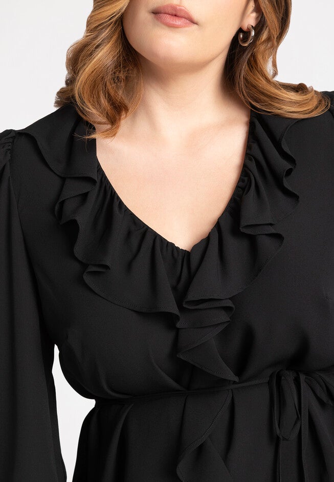 Ruffle Detail V Neck Blouse, BLACK ONYX, alternate image number null