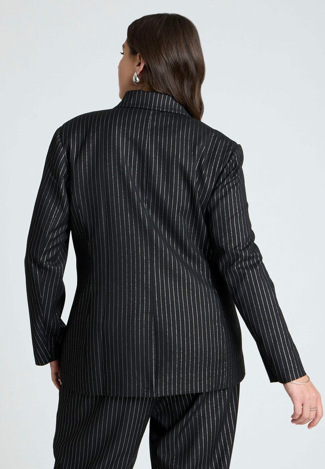 Shiny Pinstripe Blazer, BLACK AND SILVER, on-hover image number null